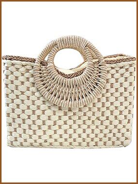 Handwoven Rattan Straw Tote Bag Wood Handle Summer Beach Purse